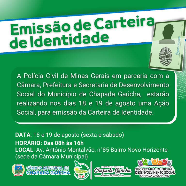 Emissão de Carteira de Identidade Câmara Municipal de Chapada Gaúcha